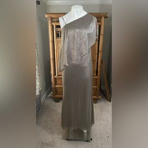 Formal Ralph Lauren gold metallic gown, one shoulder.